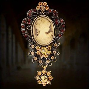 Cameo Brooch Vintage Style Rhinestone Pin Dangle Antique Gold Coat Scarf GIFT